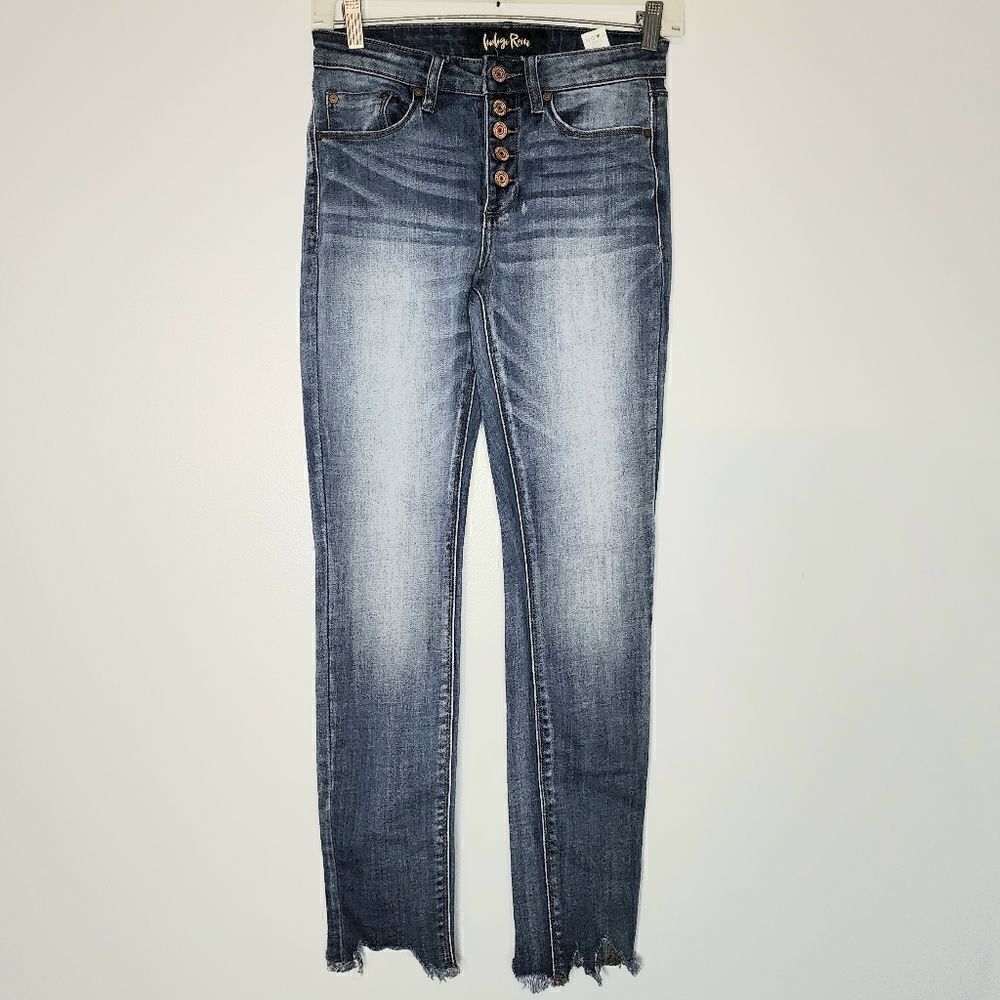 Indigo Reins distressed hem button fly high rise jeans size 5 juniors